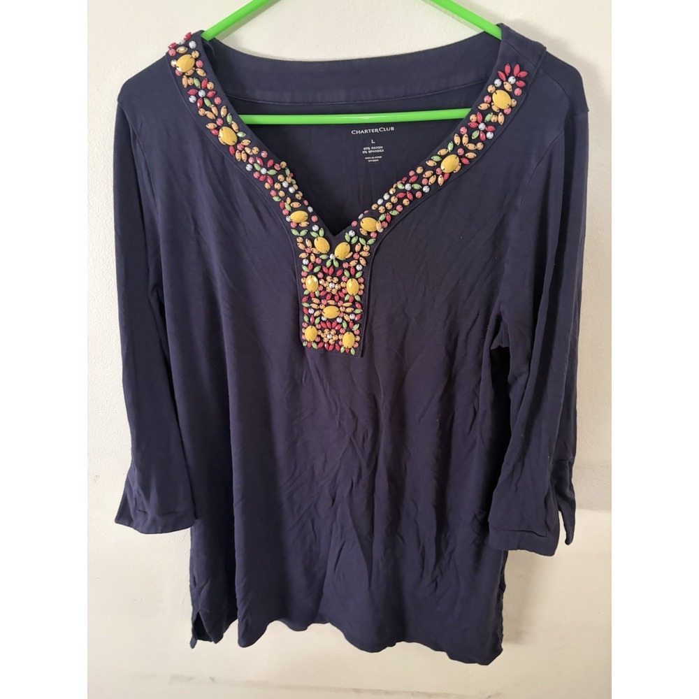 Charter Club Women's Large Coastel V-neck Top Long Sleeve Lightweight Tunic